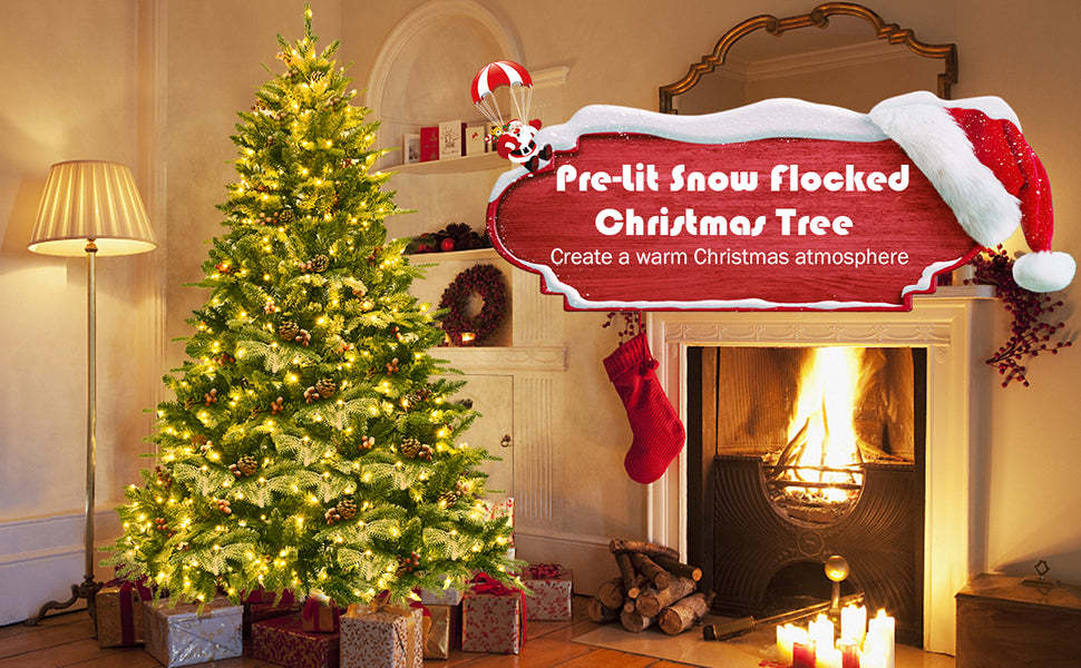 6.5ft Pre-lit Snow Flocked Hinged Artificial Christmas Tree with 450 LED Lights