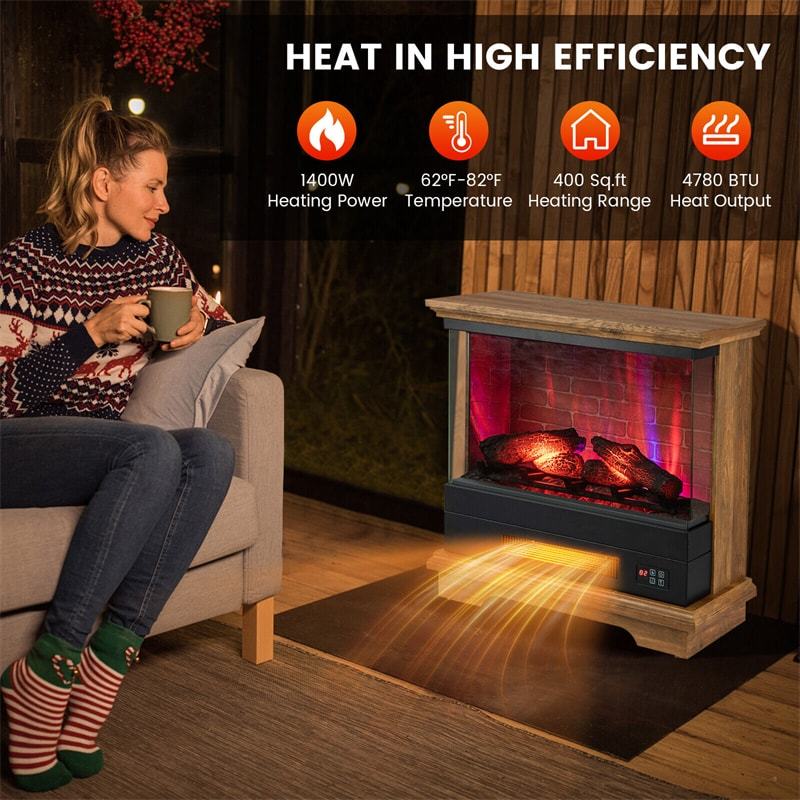 27" Electric Fireplace with Mantel, 3-Sided Glass View Freestanding Heater 1400W with 7 Flame Colors, Remote, 6H Timer & Overheat Protection