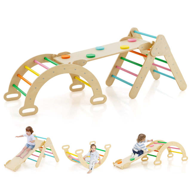 5-in-1 Toddler Climbing Toys, Montessori Wooden Climber Pikler Triangle with Sliding Ramp & Arch Ladder, Kids Play Gym Set for Indoor Fun