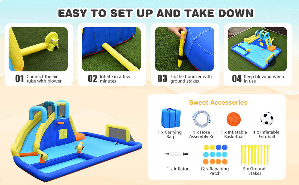 6-in-1 Kids Inflatable Water Slide Water Park Bounce House without Air Blower