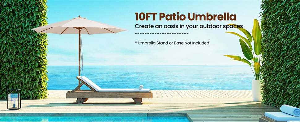 10FT Wooden Patio Umbrella with Rope Pulley Lift, 3 Height Adjustments, 8 Bamboo Ribs, Vented Roof Outdoor Table Umbrella for Poolside, Backyard