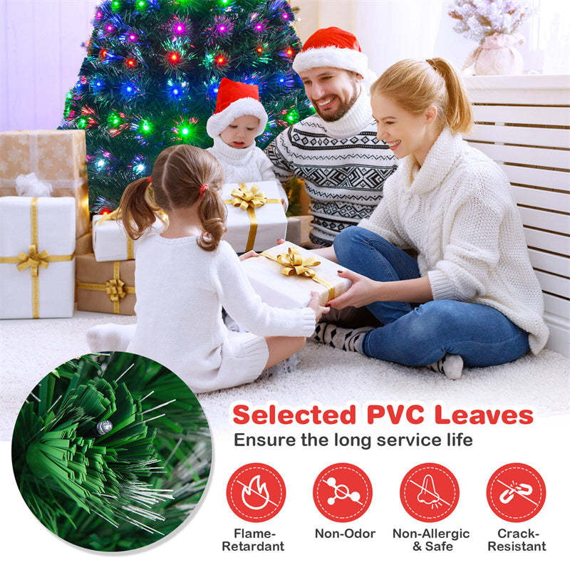 6FT Pre-Lit Artificial Christmas Tree 8 Flash Modes Fiber Optical Tree with Multicolor LED Lights & Metal Stand