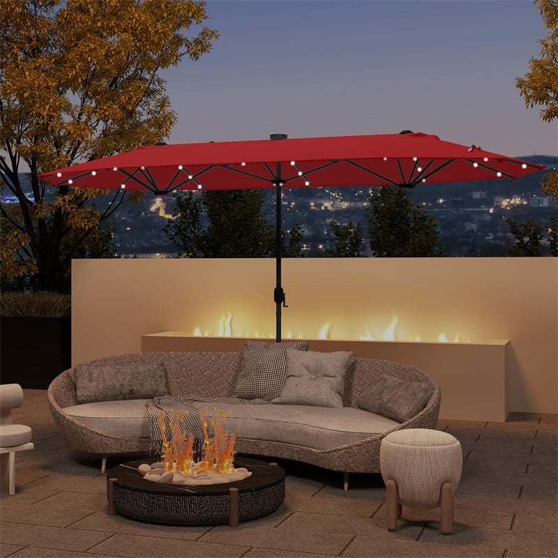 13FT Double-sided Patio Umbrella with Base, 36 Solar LED Lights & Crank Handle, Large Twin Table Umbrella for Poolside, Outdoor Dining