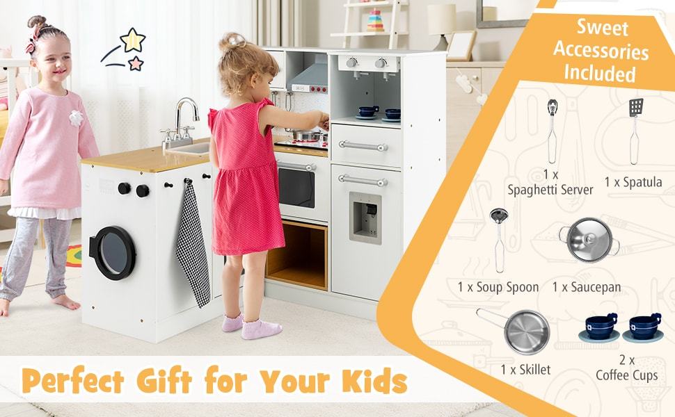 Kids 2-Piece Kitchen Playset Little Chef Wooden Modular Play Kitchen Toy Set with Movable Stool & Coffee Maker