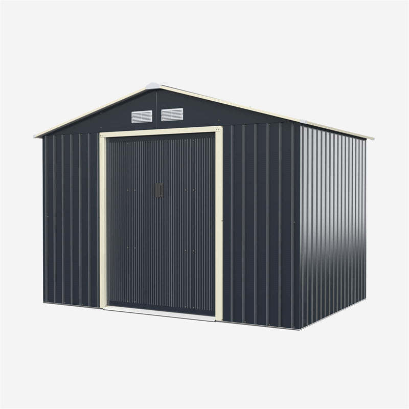 9’ x 6’ Large Outdoor Metal Storage Shed, Galvanized Steel Garden Shed Tool House Backyard Storage Cabinet with 4 Vents & Lockable Double Sliding Door