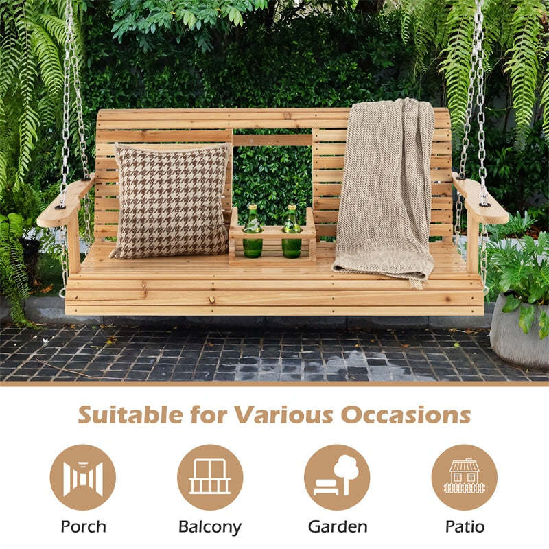 2-Seat Wood Porch Swing with Adjustable Chains & Foldable Cup Holders, Outdoor Hanging Swing Bench for Backyard, Porch, Garden
