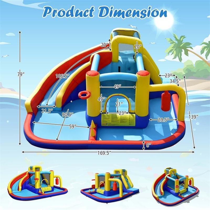 Inflatable Water Slide, 7 in 1 Mega Bounce House Water Park with 735W Blower & Splash Pool, Jumping Castle Slide Combo for Kids Backyard Party Fun