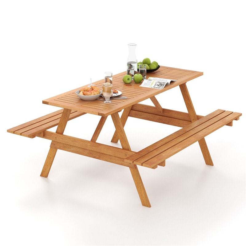 6 Person Hardwood Picnic Table Set Rectangle Patio Table with 2 Built-in Benches & 2” Umbrella Hole