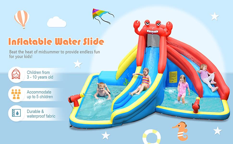 Inflatable Water Slide Crab Dual Slide Bounce House Splash Pool without Blower