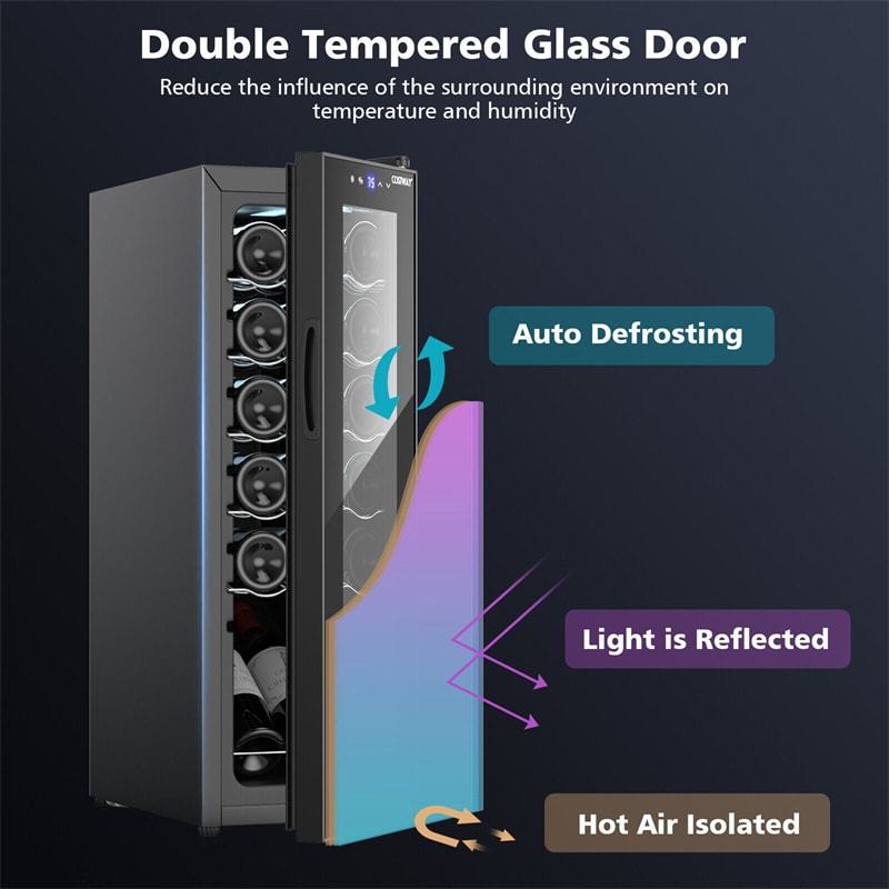 12 Bottle Compressor Wine Cooler Refrigerator with 2-layer Glass Door, LED Lights, 10" Freestanding Built-in Mini Wine Fridge Wine Cellar for Home Bar