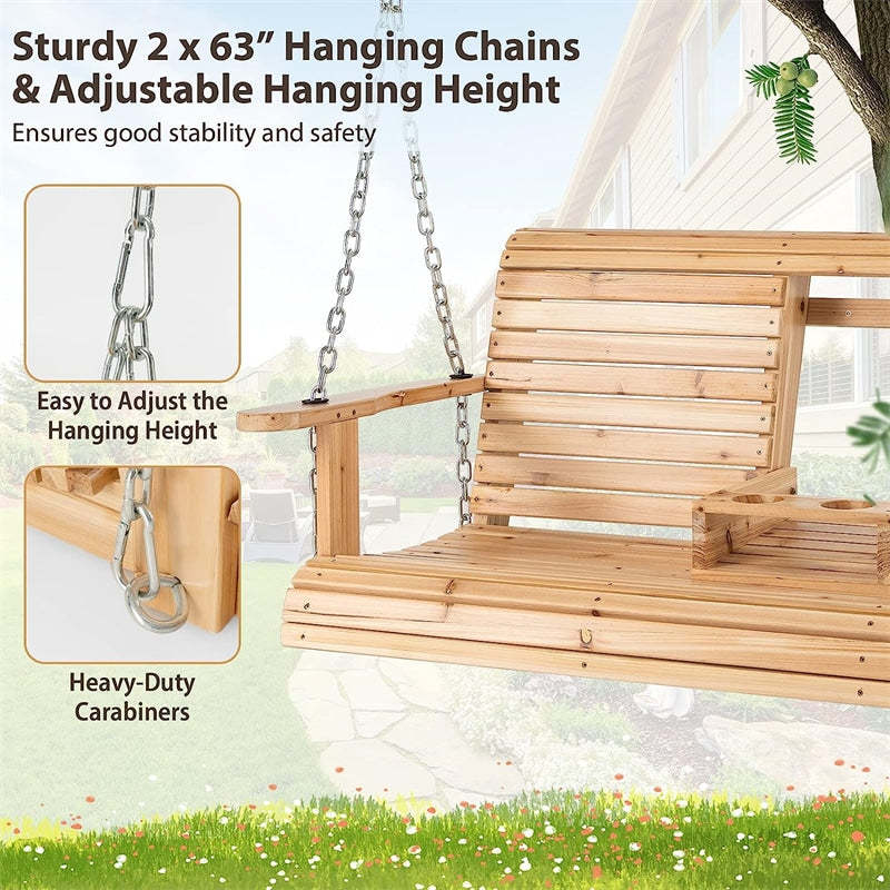 2-Seat Wood Porch Swing with Adjustable Chains & Foldable Cup Holders, Outdoor Hanging Swing Bench for Backyard, Porch, Garden