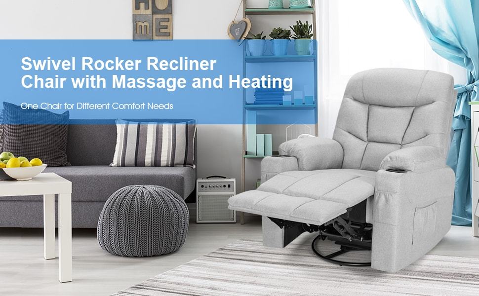 Swivel Massage Rocker Recliner Chair Nursery Glider Fabric Single Sofa with Heating & Remote Control