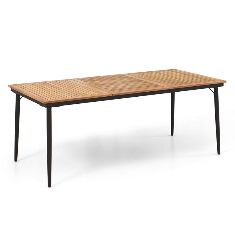 79" Acacia Wood Outdoor Patio Table, 8-Person Rectangular Dining Table w/ 1.9" Umbrella Hole, Metal Frame, Adjustable Foot Pads for Poolside, Backyard