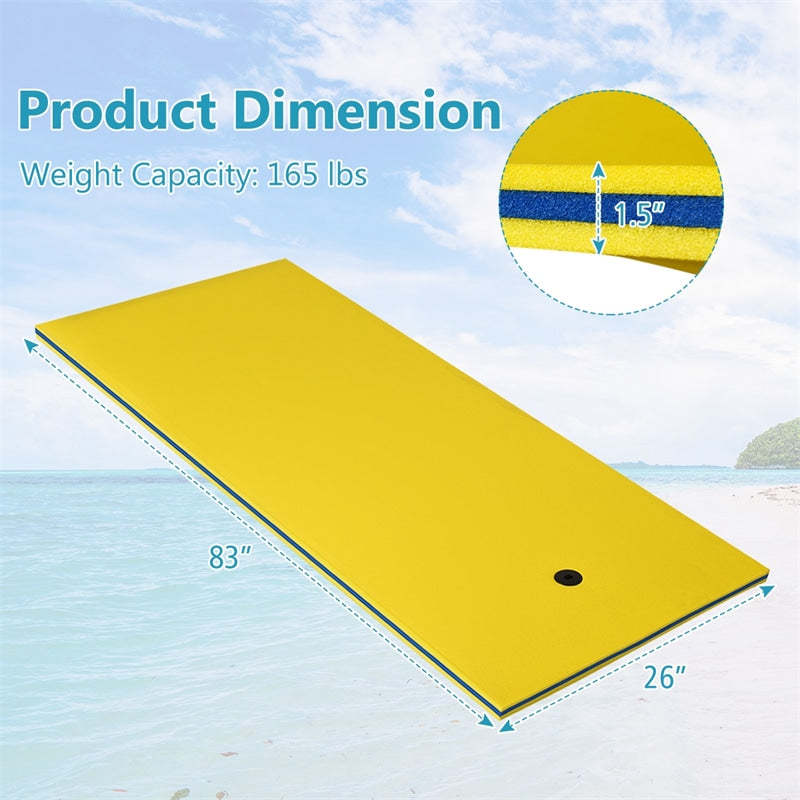 83"x26" Floating Water Pad, 3-Layer Tear-Resistant XPE Foam Water Mat with Rolling Pillow for Pool/Lake/Ocean, Adults & Family Use