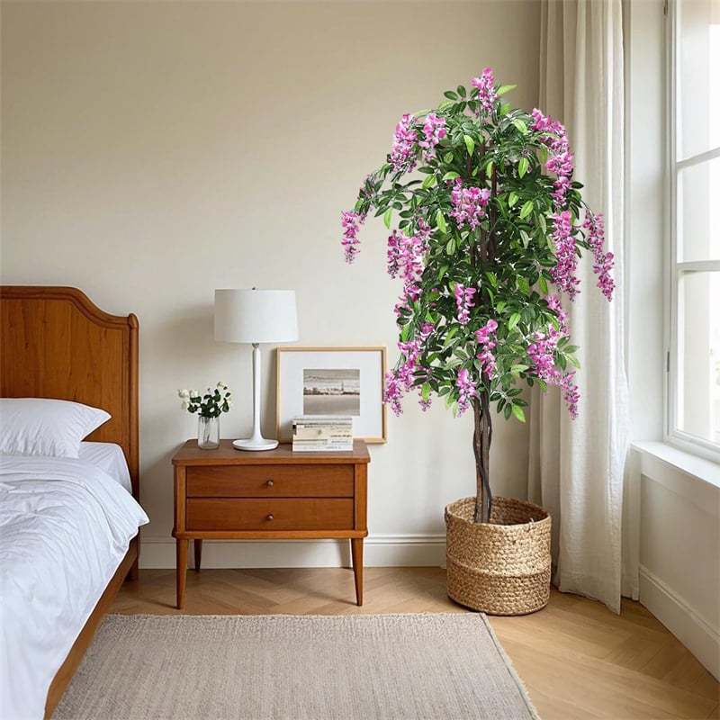 6FT Artificial Ficus Tree, Fake Wisteria Tree with Nursery Pots, Indoor/Outdoor Tall Faux Floor Plants for Home, Office, Living Room