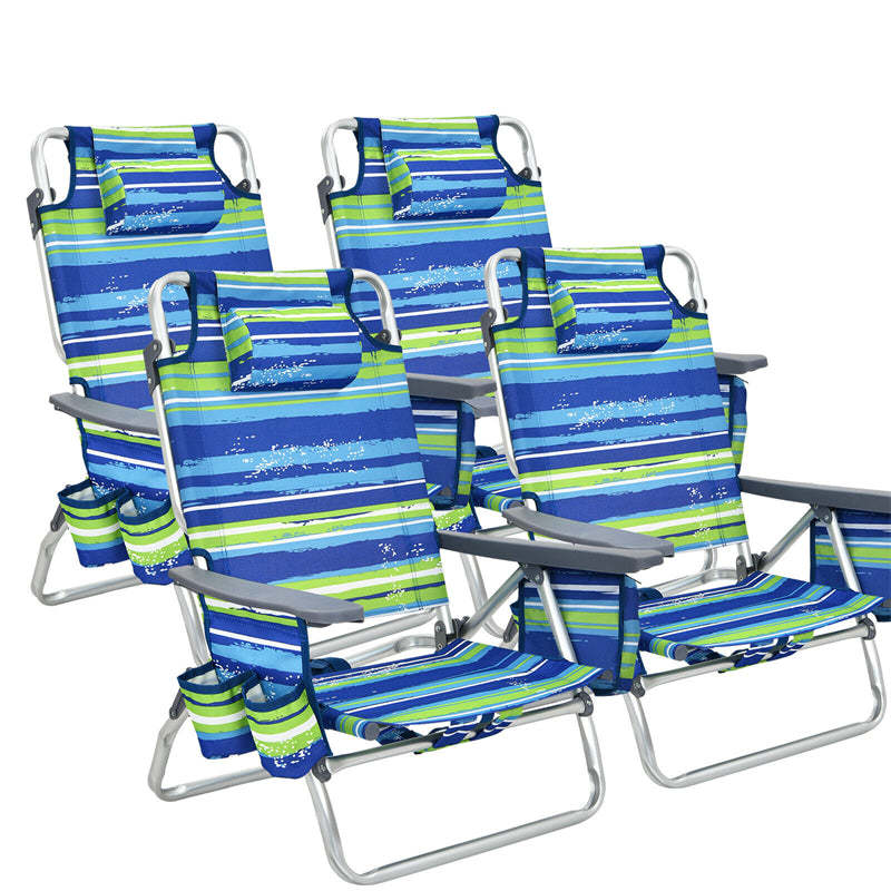 4 Pack Folding Backpack Beach Chairs, 5-Position Adjustable Sling Camping Chairs Reclining Beach Chairs with Head Pillows, Ice Pack, Cup Holder