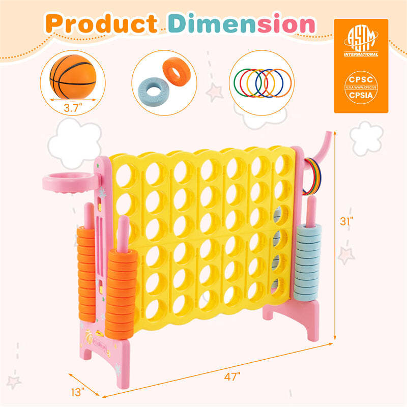 Giant 4-in-A-Row Game Set with 42 Jumbo Rings, Basketball Hoop, Quick-Release Slider, 2.5FT Indoor/Outdoor Connect Game for Kids & Adults