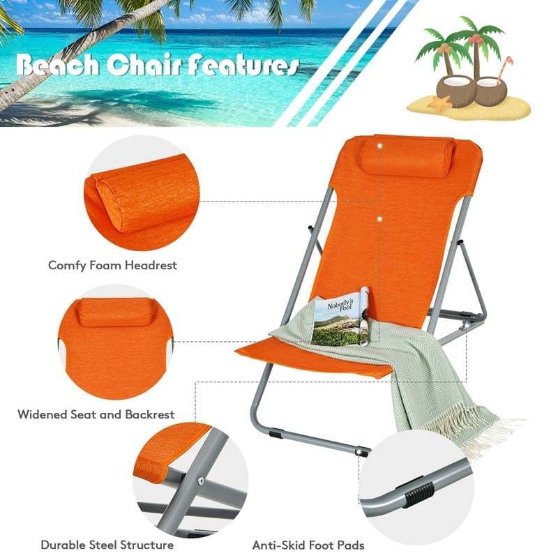 2-Pack Beach Chairs, Folding Lounge Chairs with Adjustable Backrests & Headrests, Portable Lightweight Chairs for Camping, Deck, Sunbathing