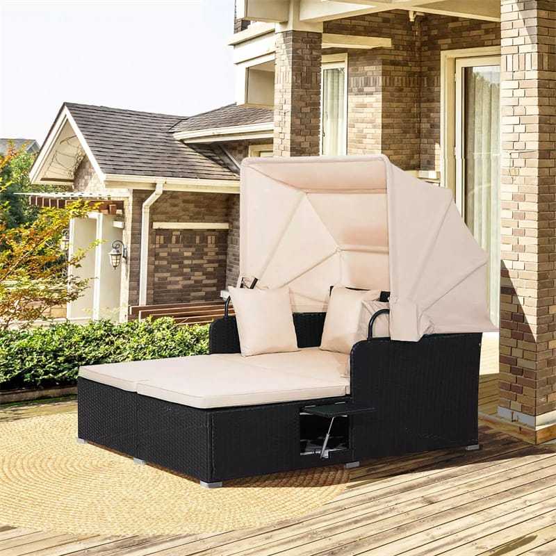 Outdoor Wicker Daybed, Hand-Woven Rattan Daybed with Retractable Canopy, 2 Side Tables, Soft Cushions, Chaise Loveseat for Garden Backyard