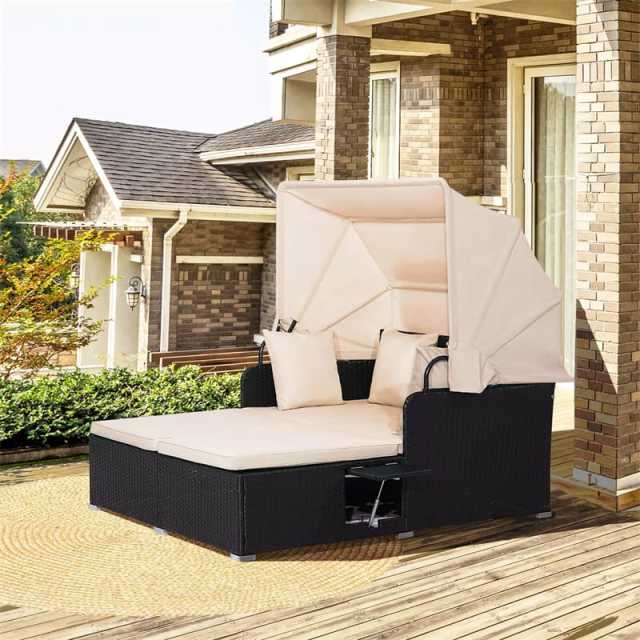 Outdoor Wicker Daybed, Hand-Woven Rattan Daybed with Retractable Canopy, 2 Side Tables, Soft Cushions, Chaise Loveseat for Garden Backyard
