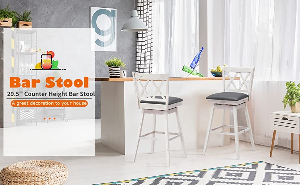 29 Inch Swivel Counter Height Bar Stool Set of 2 with Rubber Wood Legs