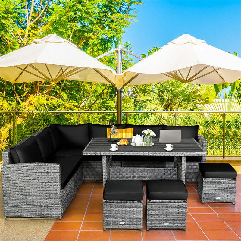 7 PCS Resin Wicker Outdoor Sectional Sofa Set Rattan Patio Seating Group with Dining Table, Ottomans & Cushions