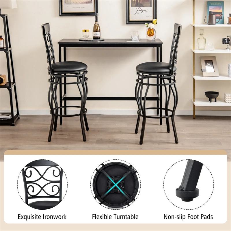 Swivel Metal Bar Stools Set of 2, 30" Bar Height Barstools with Back, PU Leather Padded Seat, 330LBS Capacity for Kitchen Island/Pub/Dining Room
