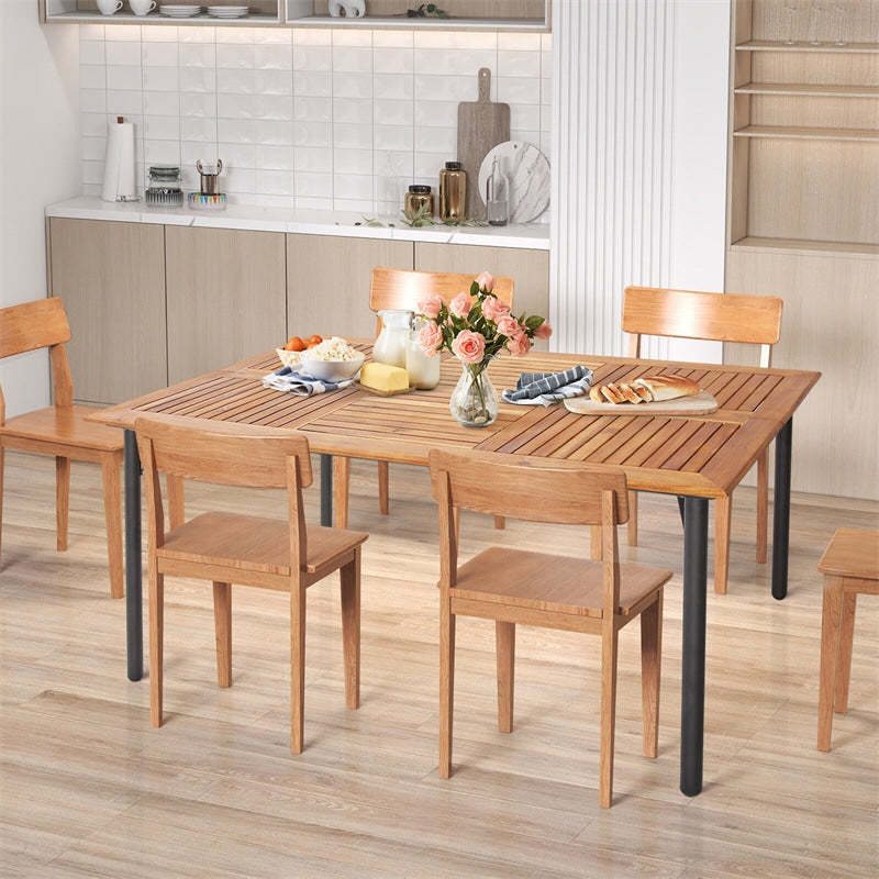 63" Acacia Wood Patio Dining Table, 6-Person Rectangular Dining Table with 1.9" Umbrella Hole & Metal Legs for Indoor Outdoor, Deck, Backyard