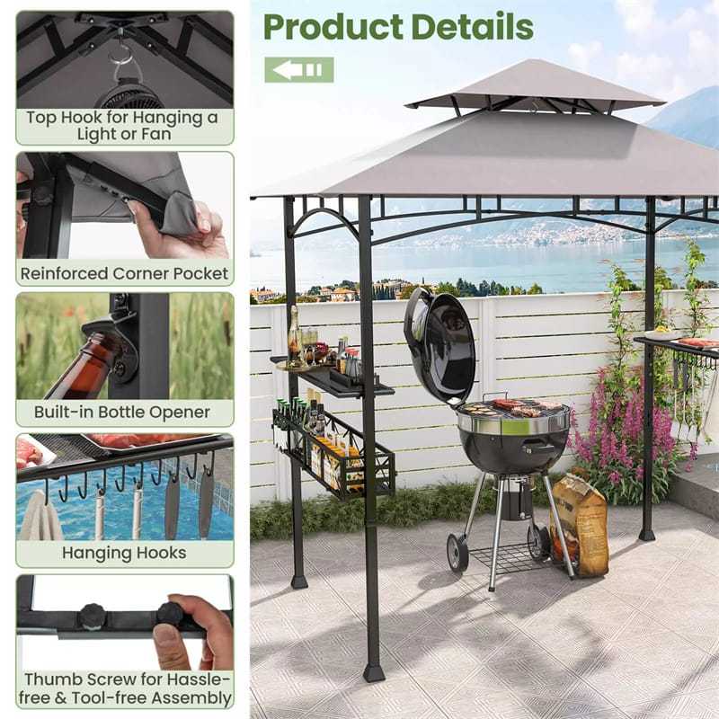 8x5 FT Grill Gazebo, 2-Tier Canopy Top Barbecue Gazebo with 2 Shelves, Storage, 20 Hanging Hooks & Metal Frame for Backyard, Poolside BBQs