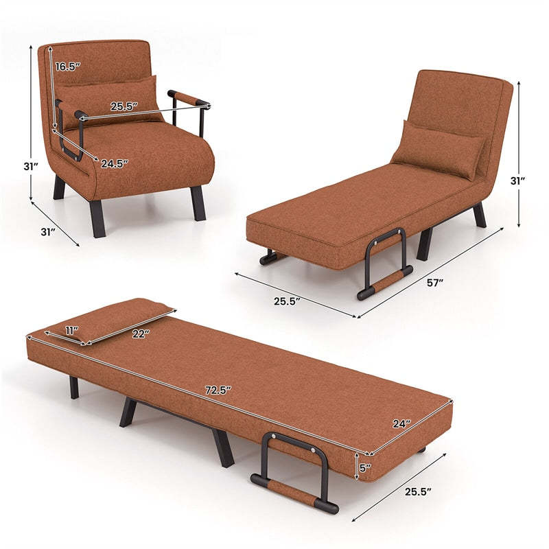 Convertible Sleeper Chair, 4-in-1 Folding Sofa Bed 6-Position Adjustable Backrest w/ Pillow, Reclining Chaise Sleeper Sofa for Living Room