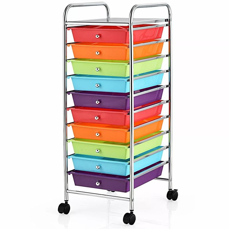 10-Drawer Rolling Storage Cart, Utility Cart with Drawers & Lockable Wheels, Mobile Art Craft Drawer Cart for Home Office, School