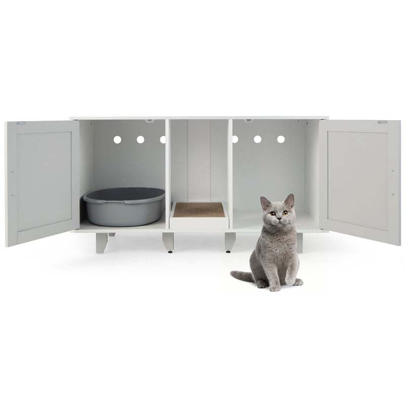 Double Cat Litter Box Enclosure, Large Hidden Cat Washroom Furniture with 2 Cabinets & Scratching Board, Cat House TV Stand Side Table
