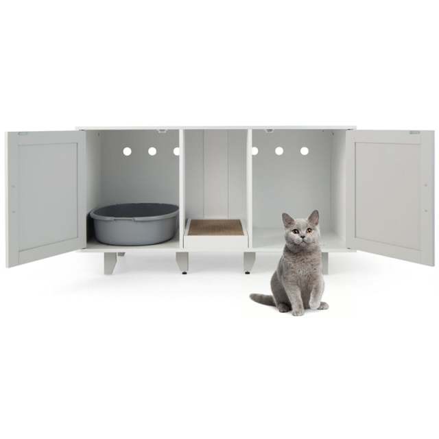 Double Cat Litter Box Enclosure, Large Hidden Cat Washroom Furniture with 2 Cabinets & Scratching Board, Cat House TV Stand Side Table