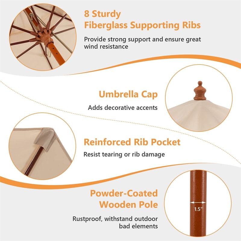 9.5FT Wood Patio Umbrella with Rope Pulley Lift, 8 Fiberglass Ribs & 3 Adjustable Heights, Vented Outdoor Umbrella for Garden Poolside Backyard