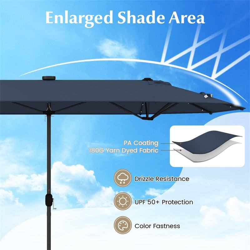 13FT Double-sided Patio Umbrella with Base, 36 Solar LED Lights & Crank Handle, Large Twin Table Umbrella for Poolside, Outdoor Dining