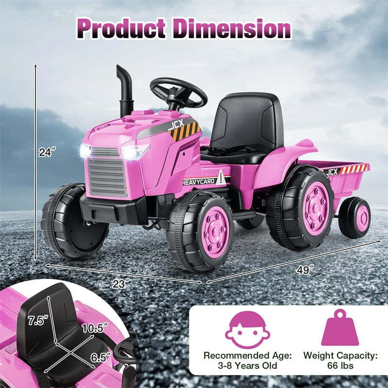 2-in-1 Kids Ride On Tractor with Detachable Trailer, 12V Electric Toy Car with Remote Control & LED Lights, Toddler Tractor for 3-8 Years