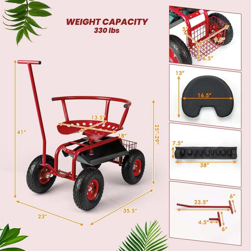 Rolling Garden Cart with 360° Swivel Seat, Tool Tray, Storage Basket, Removable Cushion & Handle, Height Adjustable Gardening Workseat for Patio Lawn