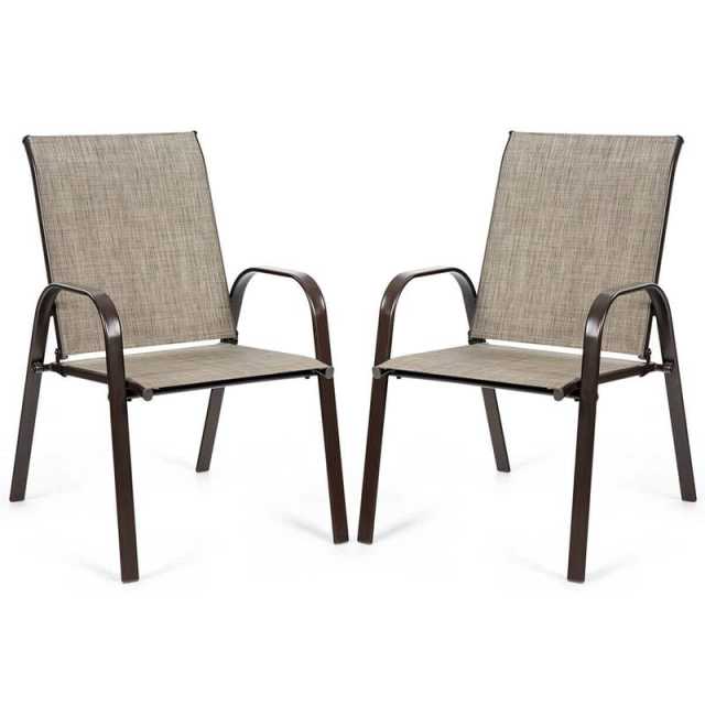 2PCS Steel Frame Sling Patio Chairs, High Back Outdoor Dining Chairs with Armrests & Breathable Quick-Drying Fabric for Backyard, Garden, Deck