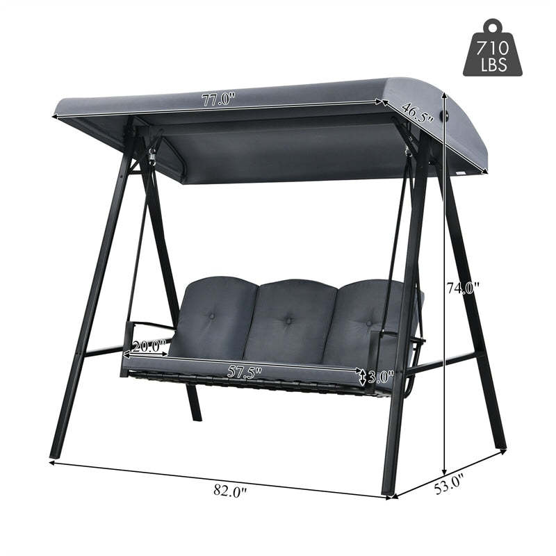Outdoor 3-Person Patio Swing with Adjustable Canopy & Removable Cushions, All-Weather Steel Frame Porch Swing for Garden, Poolside, Backyard