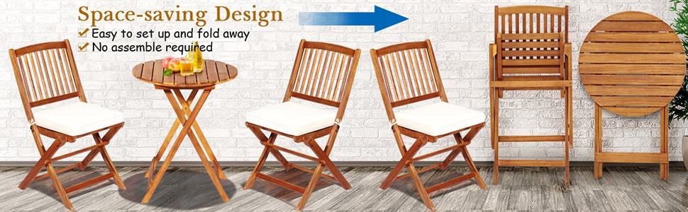 3PCS Wooden Folding Patio Bistro Table Set Outdoor Acacia Wood Chair and Table Set with Padded Cushions
