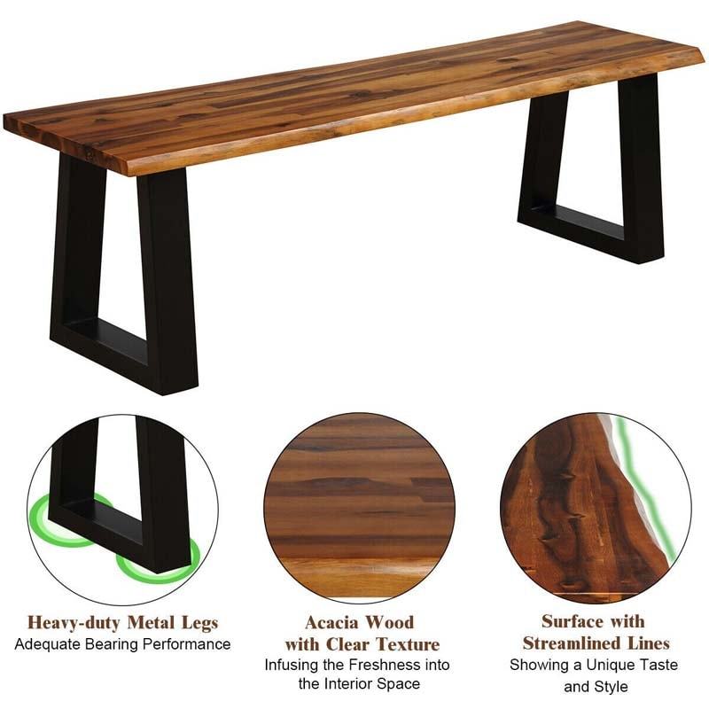Acacia Wood Dining Bench, 2-Person Rustic Brown Patio Picnic Bench with Metal Frame for Indoor/Outdoor Use, Garden, Backyard, Poolside, Porch