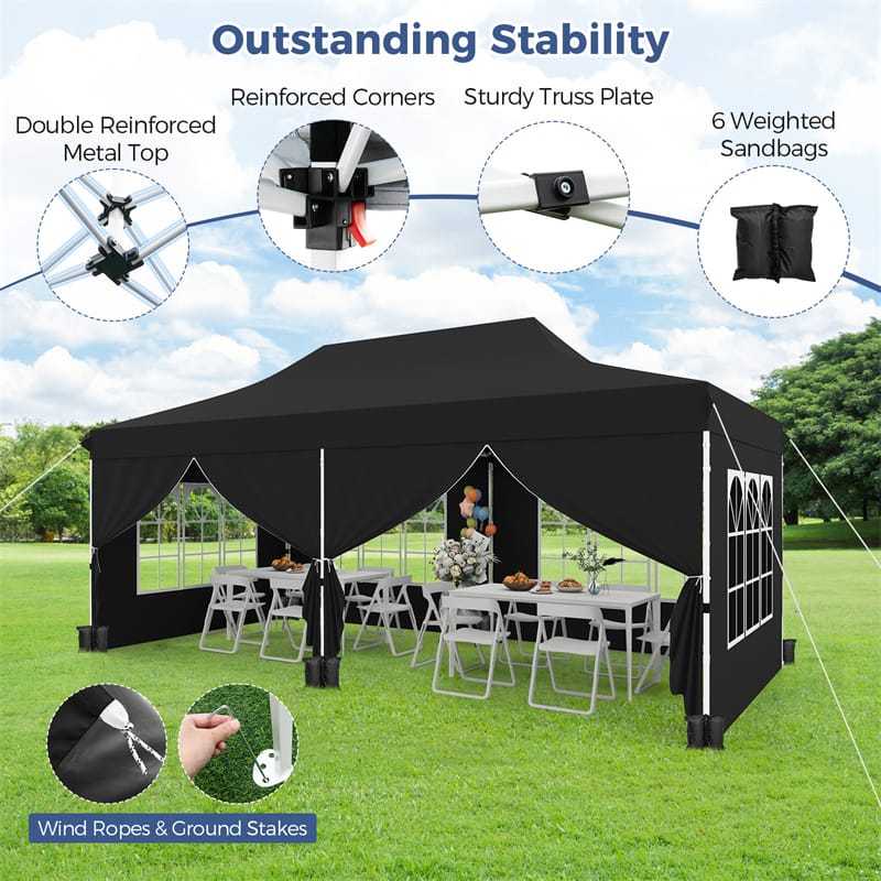 10x20FT Pop Up Canopy with 6 Removable Sidewalls/Windows, 8-Pack Sandbags & Carrying Bag, UPF50+ Sun Protection Tent for Outdoor Wedding Party