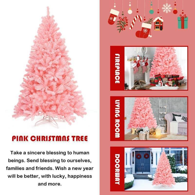 6FT Pink Artificial Hinged Spruce Full Christmas Tree with Foldable Metal Stand