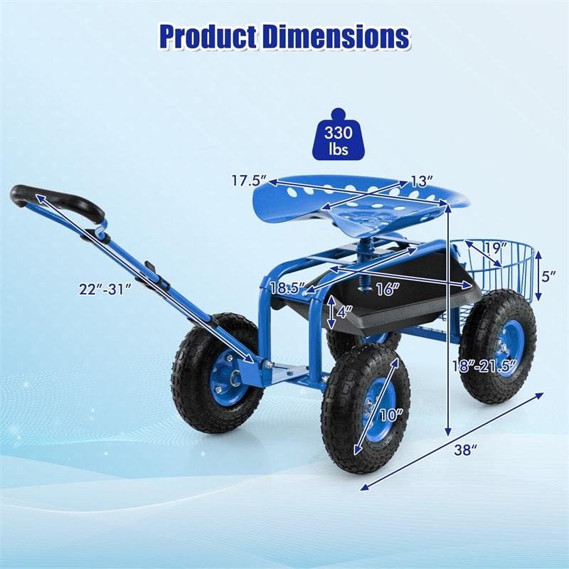 Heavy Duty Rolling Garden Cart with 360° Swivel Seat, Extendable Handle, Tool Tray & Storage Basket, 4-Wheel Gardening Workseat for Patio Yard