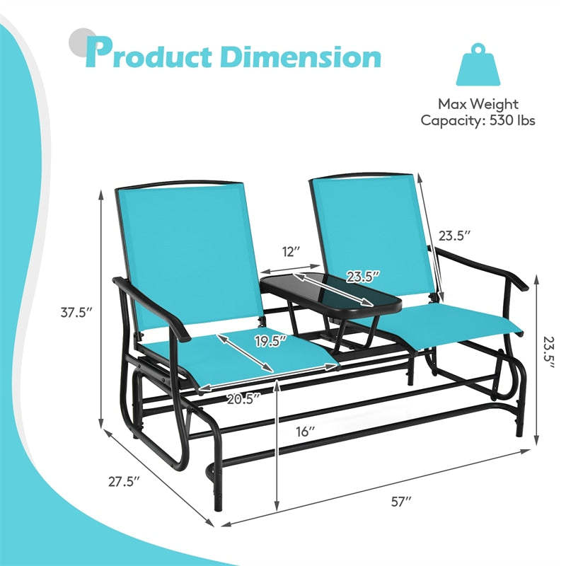 2-Person Outdoor Glider Chair with Center Tempered Glass Table, Steel Frame & Breathable Mesh, Patio Rocking Bench for Porch Garden Poolside
