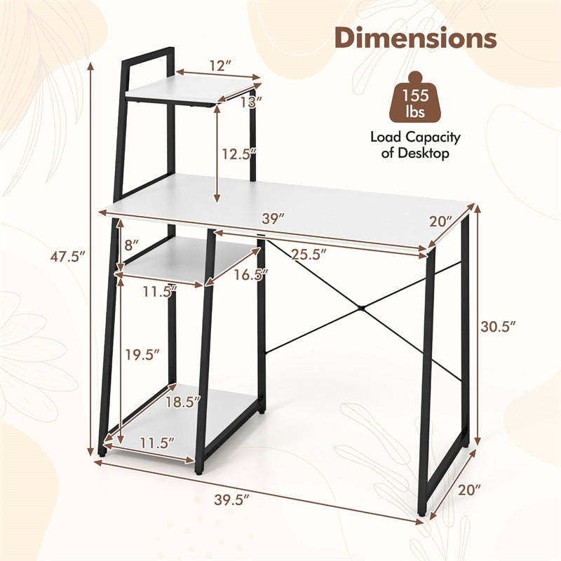 Computer Desk 47.5” Home Office Desk with Side Bookshelf & Host Stand, Metal Frame PC Laptop Workstation Study Writing Desk for Small Spaces
