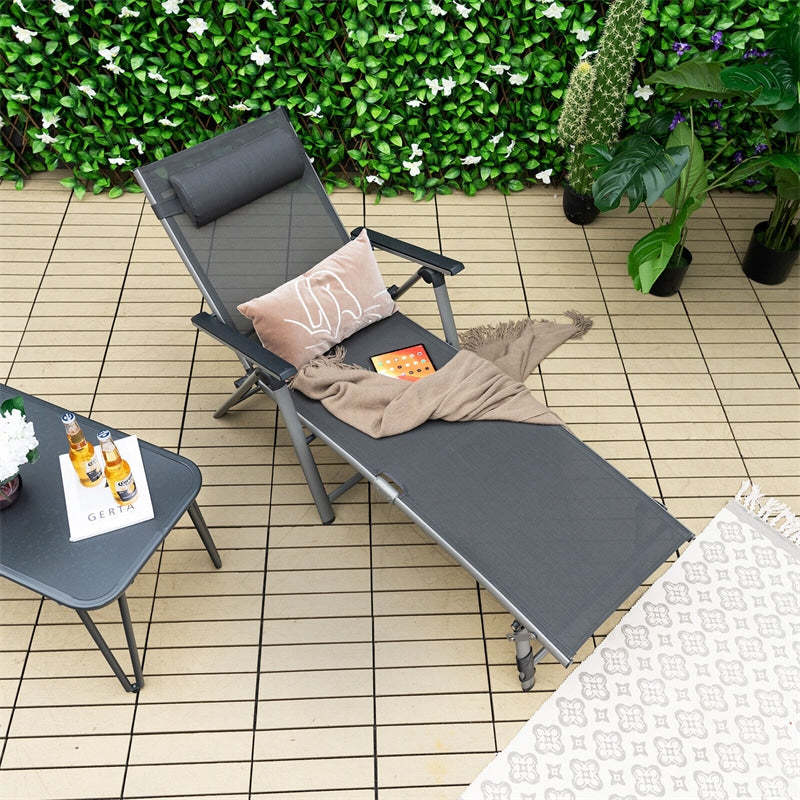 Outdoor Aluminum Folding Chaise Lounge, Reclining Patio Lounge Chair with Headrest Pillow, 8-Level Adjustable Backrest & 2 Leg Positions for Poolside