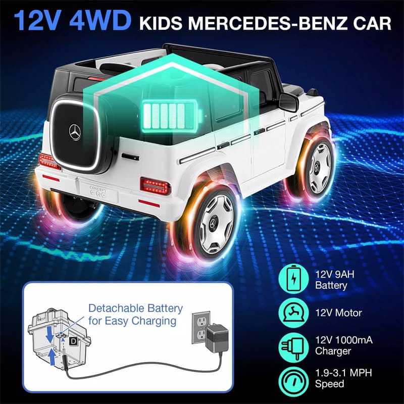 12V Kids Ride-On Car, Licensed Mercedes-Benz EQG, Children's 4WD Electric Vehicle with Remote Control, Detachable Battery, LED Lights & Music