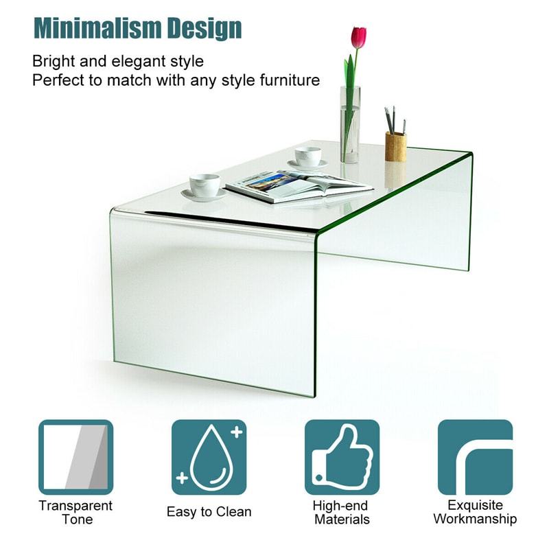 Glass Coffee Table, 42" x 19.7" Clear Tempered Glass End Table Waterfall Table with Rounded Edges, Modern Accent Table for Living Room Home Furniture