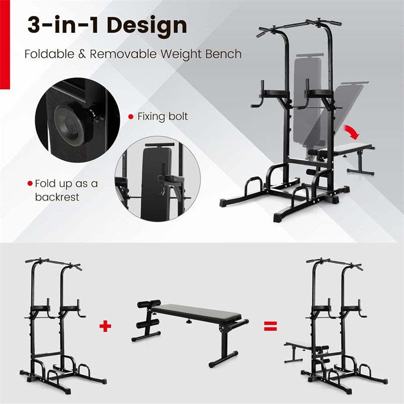 Adjustable Power Tower with Foldable Weight Bench, Multi-Function Pull-Up Bar Dip Station, Heavy Duty Full Body Workout Machine for Home Gym